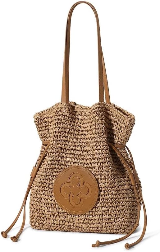 Women Straw Woven Summer Beach Bag Tote Shoulder Handmade Weaving Handbag Drawstring Closure