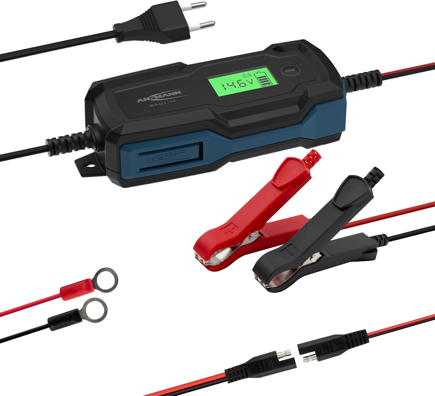 ANSMANN Inteligentna 10-stopniowa ładowarka 6 V 12 V/4 A z wyświetlaczem LCD do akumulatorów ołowiowo-kwasowych, ołowiowo-żelowych i ołowiowo-włóknowych, oraz 12 V LiFePo4 do samochodu, motocykla i