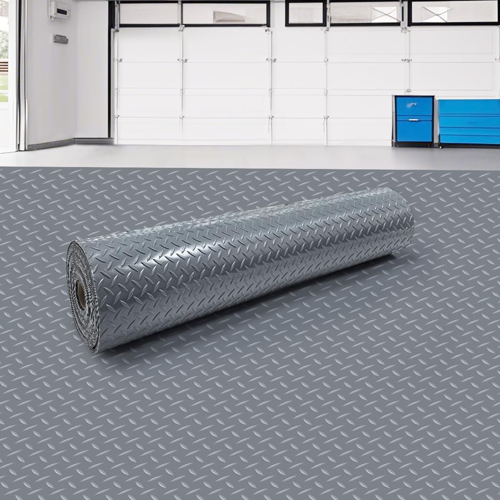 8x21 FT Garage Floor Mat, 2.8mm Thickened Flooring Roll Diamond Plate PVC Rubber Trailer Mat, Non-Slip Floor Protector Mat for Garage, Warehouse, Gyms, Trailer, Pickup Truck (Gray) Grey