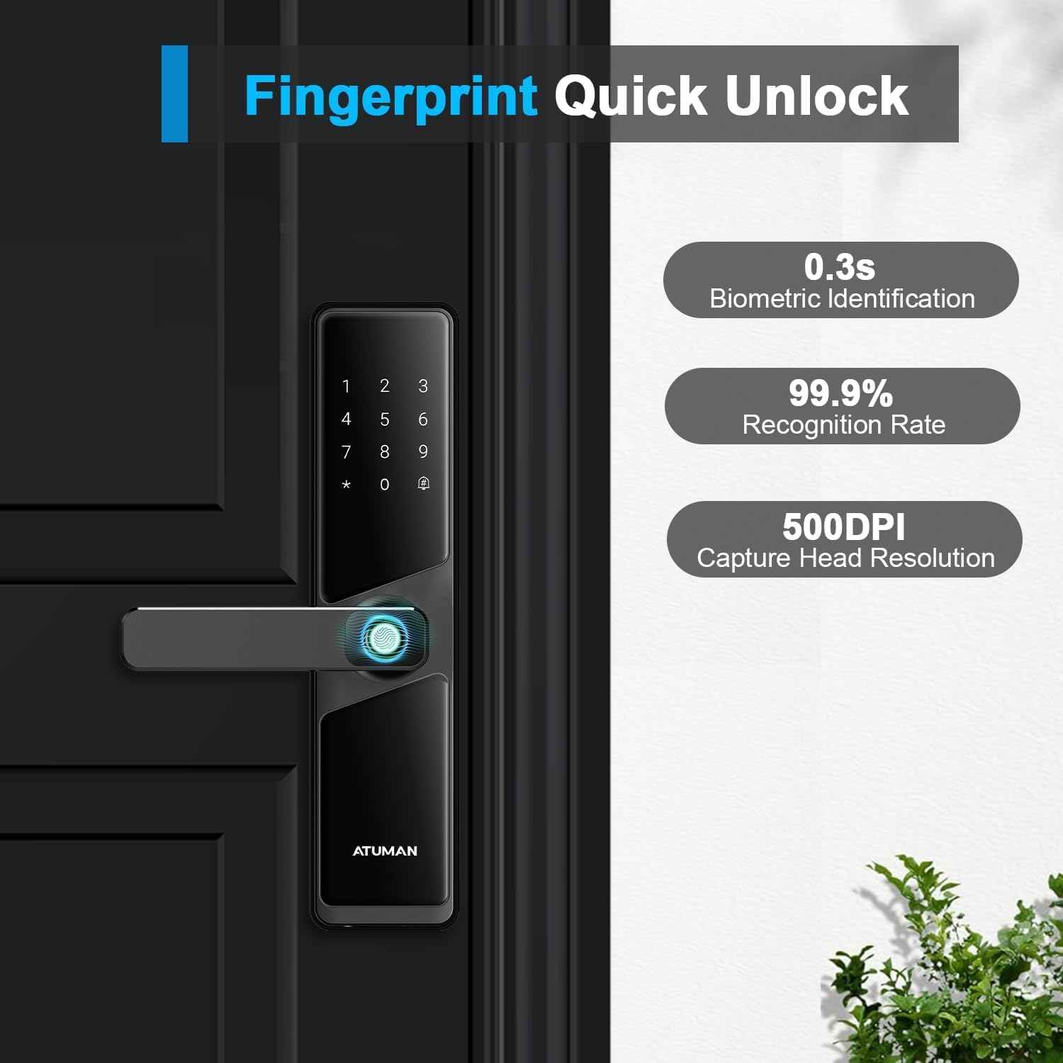 Image showing a finger on the smart lock's fingerprint sensor, with text indicating '0.3s Biometric Identification', '99.9% Recognition Rate', and '500DPI Capture Head Resolution'.