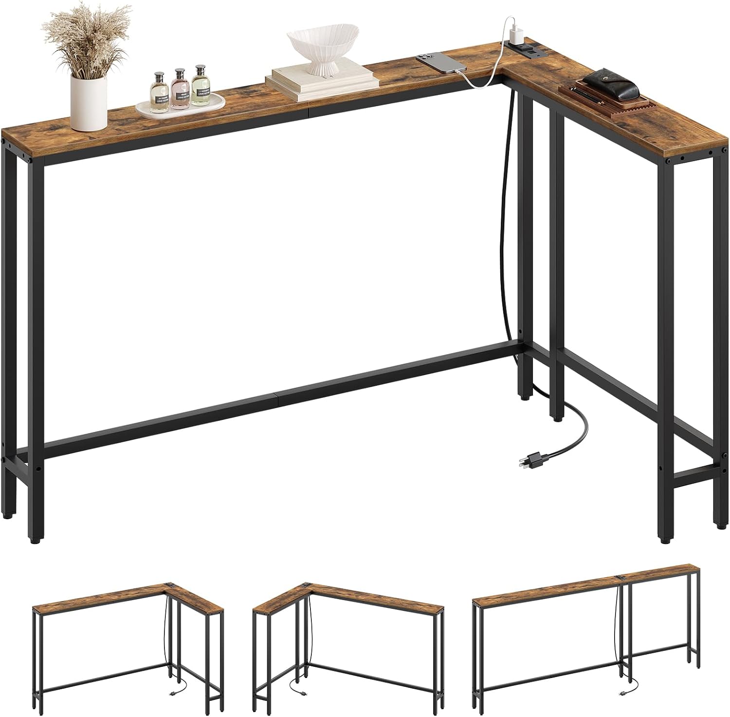 L Shaped Console Table, 70.9" Long Narrow Sofa Table, Behind Couch Entryway Table with 2 Outlets and 2 USB Ports, for Living Room, Hallway, 3 Assembly Options, Rustic Brown CT07UBR