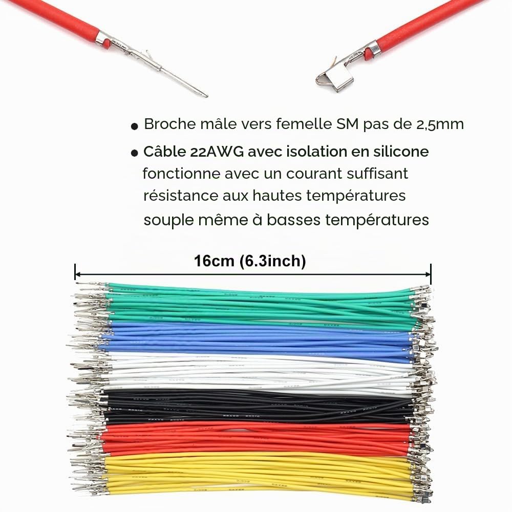 Connecteurs SM 2,5 mm mâle femelle avec câbles en silicone pré-sertis 22 AWG compatibles avec connecteurs JST SM 2,5 mm 2,54 mm pas 2 3 4 5 6 broches