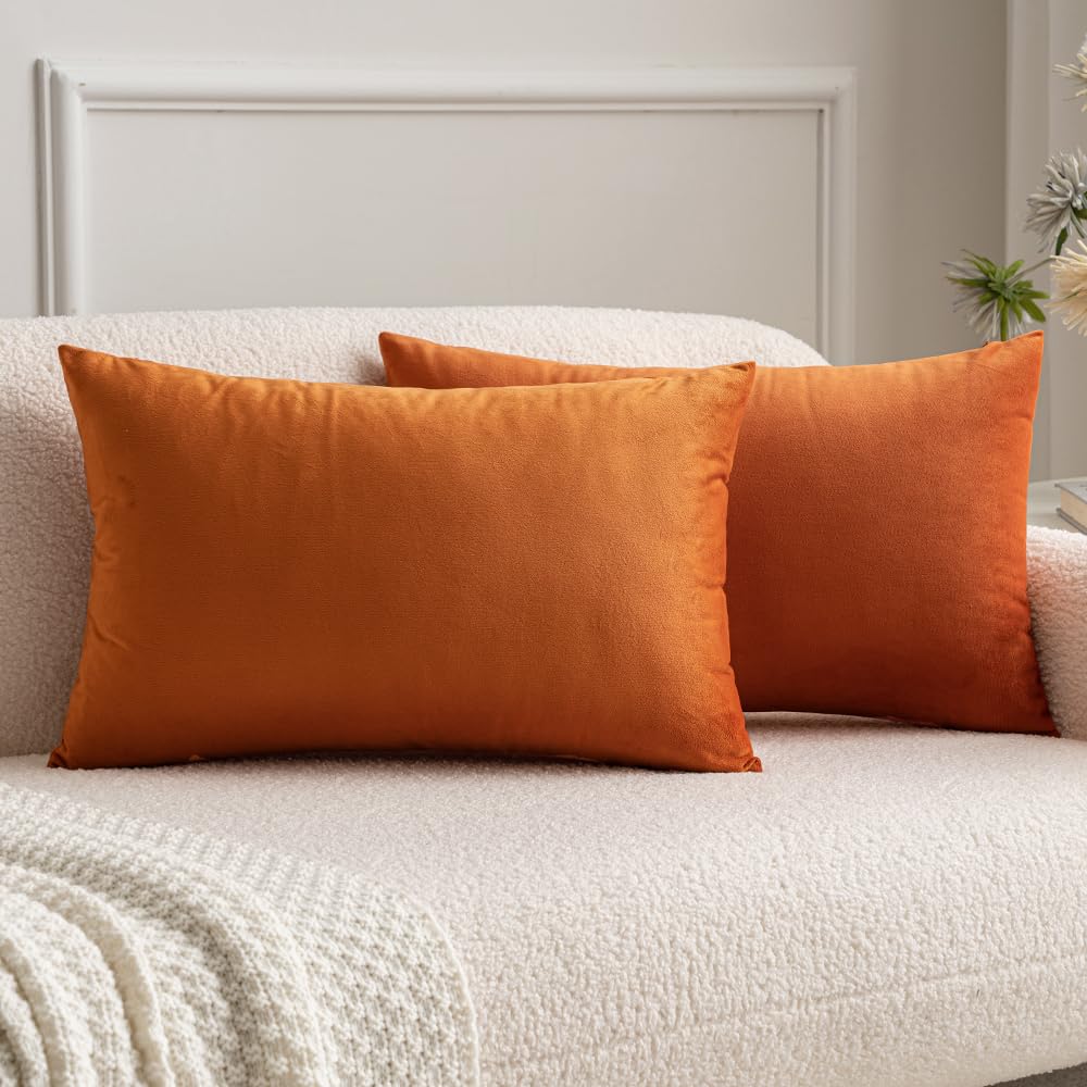 MIULEE Velvet Soft Soild Microfiber Decorative Square Pillow Case Throw Cushion Cover for Sofa Bedroom with Invisible Zipper Orange 12"x20",2 Pieces