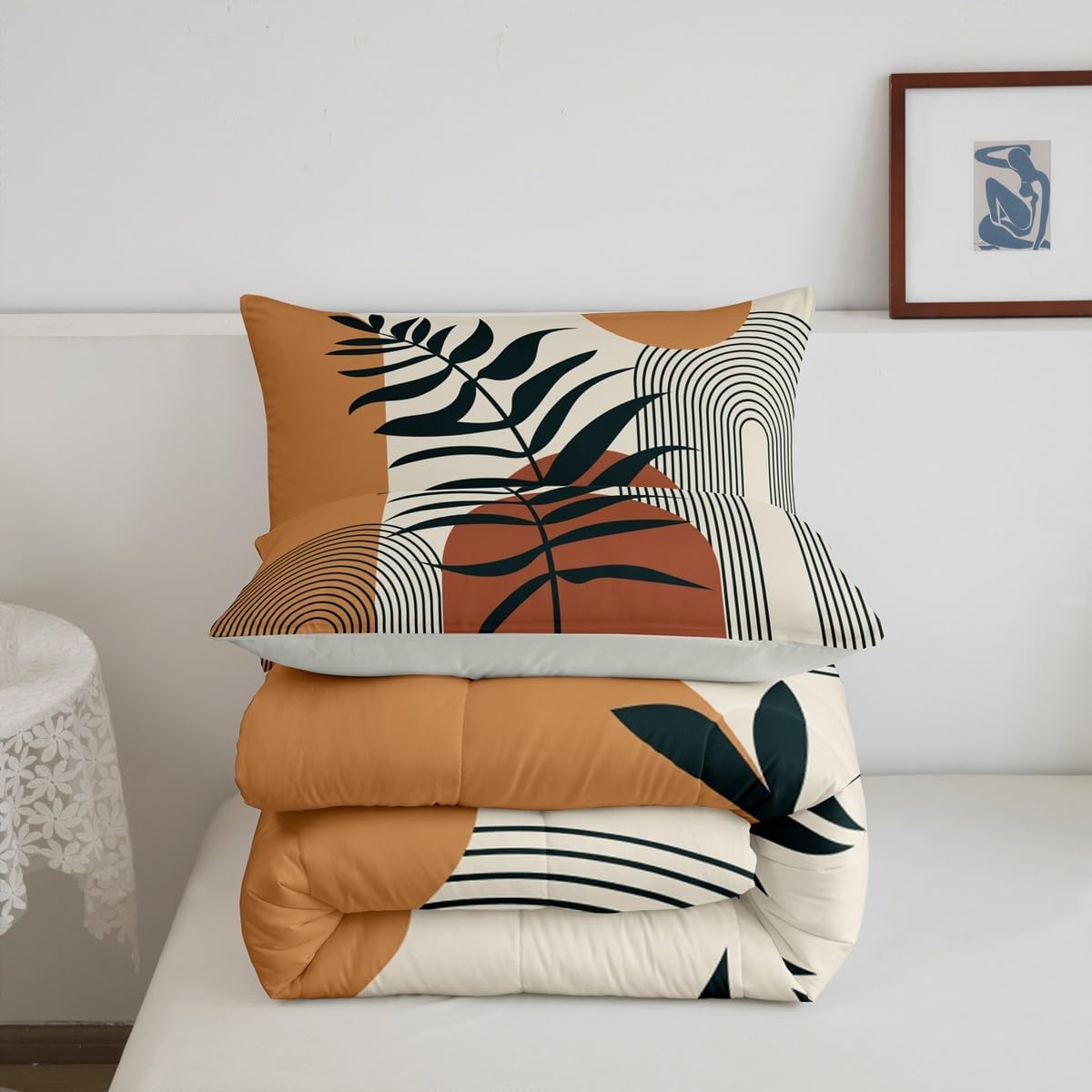 Boho Sun and Leaves Kids King Comforter Sets,Mid Century Modern Bedding Set for Adults Men Teens Woman,Abstract Geometric Lines Quilt Set 3 PCS,Modern Minimalist Duvet Insert,2 Pillow Cases