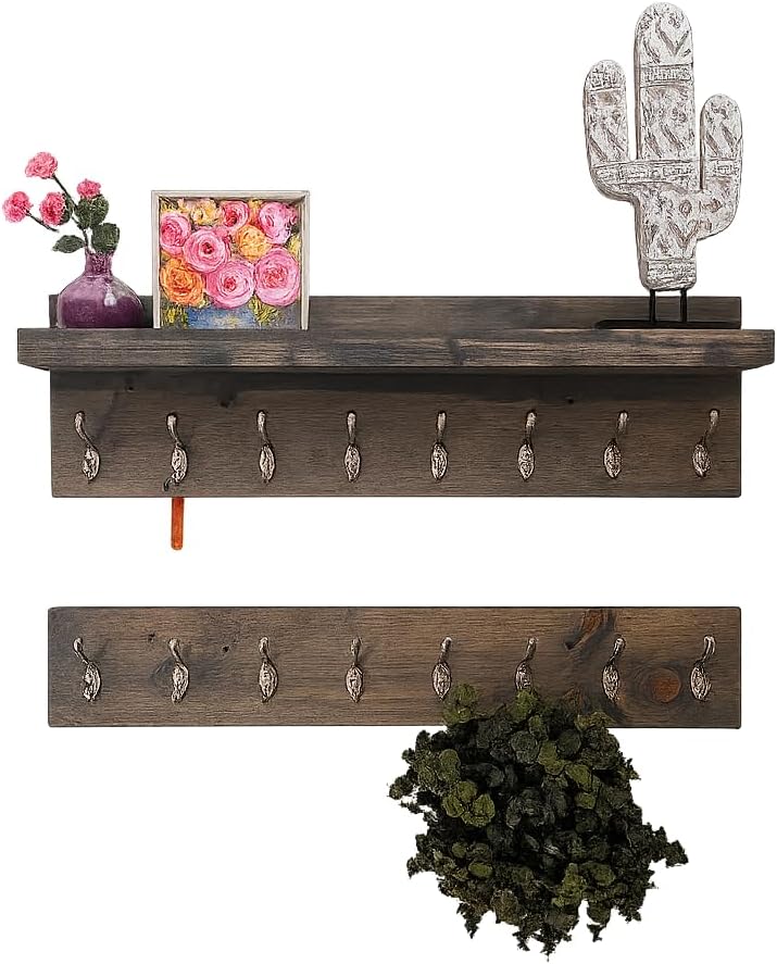 Wood Coat Rack Wall Mounted with Shelf Handmade Wood Towel Key Coat Hooks (Grey with Brushed Nickel Hooks, 32" Set of 2 (One of Each Style))