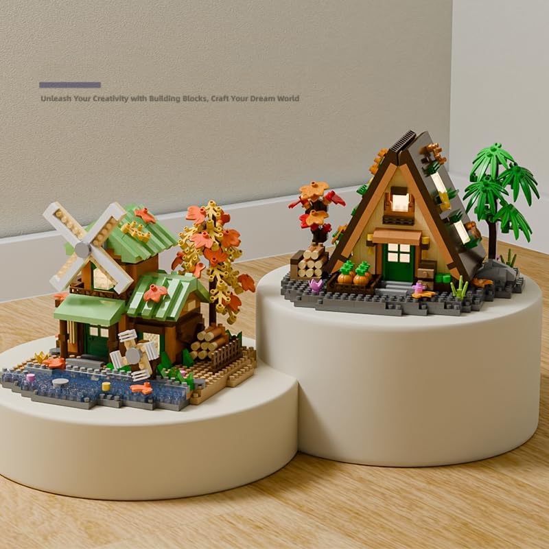 Mini Wood Cabin Micro Building Set with LED Light Wooden Forest House Block Toy with Tree Log Stem Houses Construction Model Birthday Gift (Windmill)