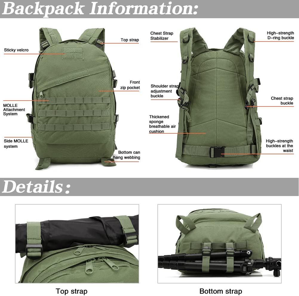 LIMHOO Camo Backpack, 40L Military Tactical Backpack, Hiking Trekking Rucksack with USA Flag Patch (Army Green)