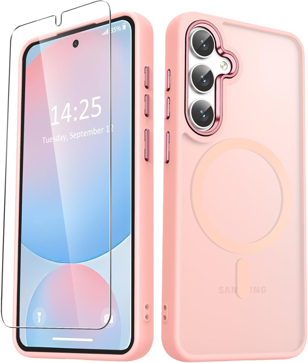 for Samsung Galaxy S25+ Plus Case, Matte Magnetic Phone Case with 1 Screen Protector, Support for Magsafe, Translucent Frosted Shockproof Protective Cover for Samsung Galaxy S25+ Plus, Pink