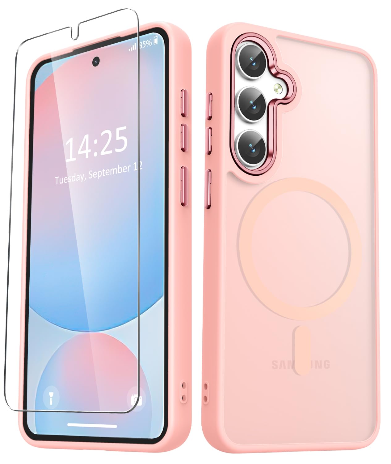 YENAPOON for Samsung Galaxy S25+ Plus Case, Matte Magnetic Case, Pink | Fit for Magsafe, Screen Protector Included, Translucent Frosted Slim Shockproof Protective Phone Cover