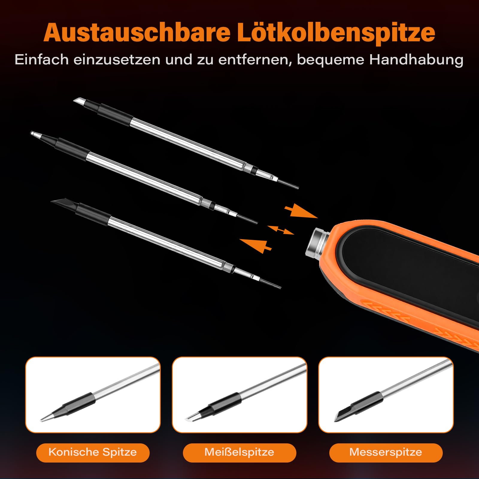 Fer à souder sans fil avec support, écran LCD, température réglable 180-450 °C, 3 pointes de soudure, fer à souder USB pour réparation de circuits imprimés, réparation de soudage - Orange