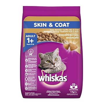 Whiskas Skin & Coat Adult (1+ Years) Dry Cat Food, Chicken & Salmon, 1.1 Kg Pack
