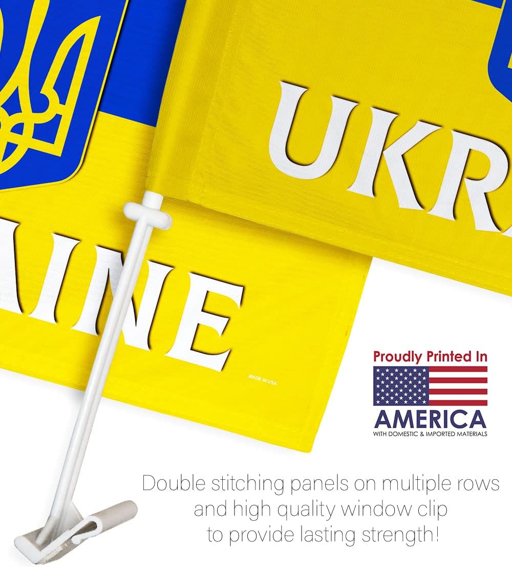 Ukraine Flag for Car American Pack Window Clip Pole Stand with Ukrainian Friendship Banner Decor Bandera de Ucrania para Carros Auto Decorations United States Outdoor Support Україна Gift Made in USA