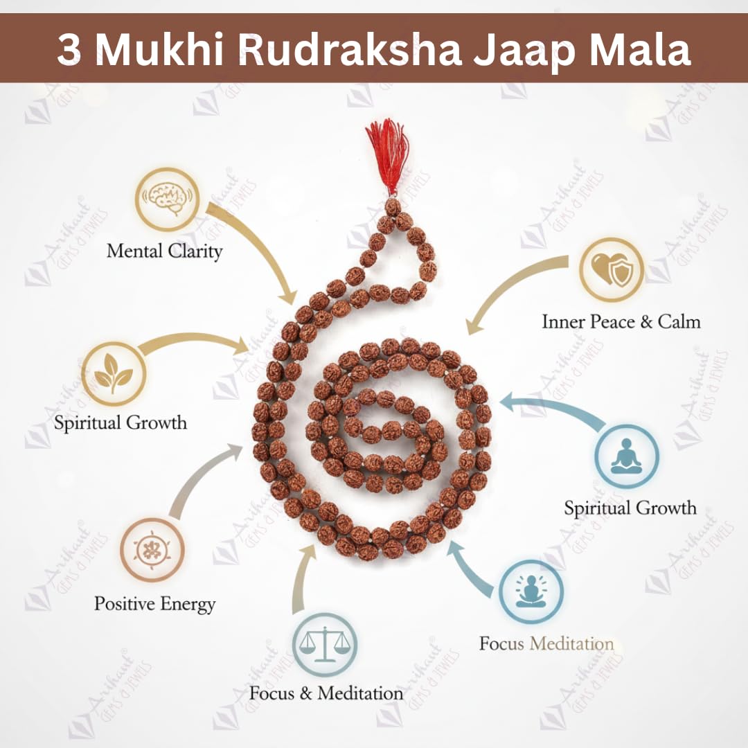 Arihant Gems & Jewels® 3 Mukhi Rudraksha Jaap Mala | Natural & Certified | Astrological Three Mukhi Beads | Positive Energy for Men & Women 3