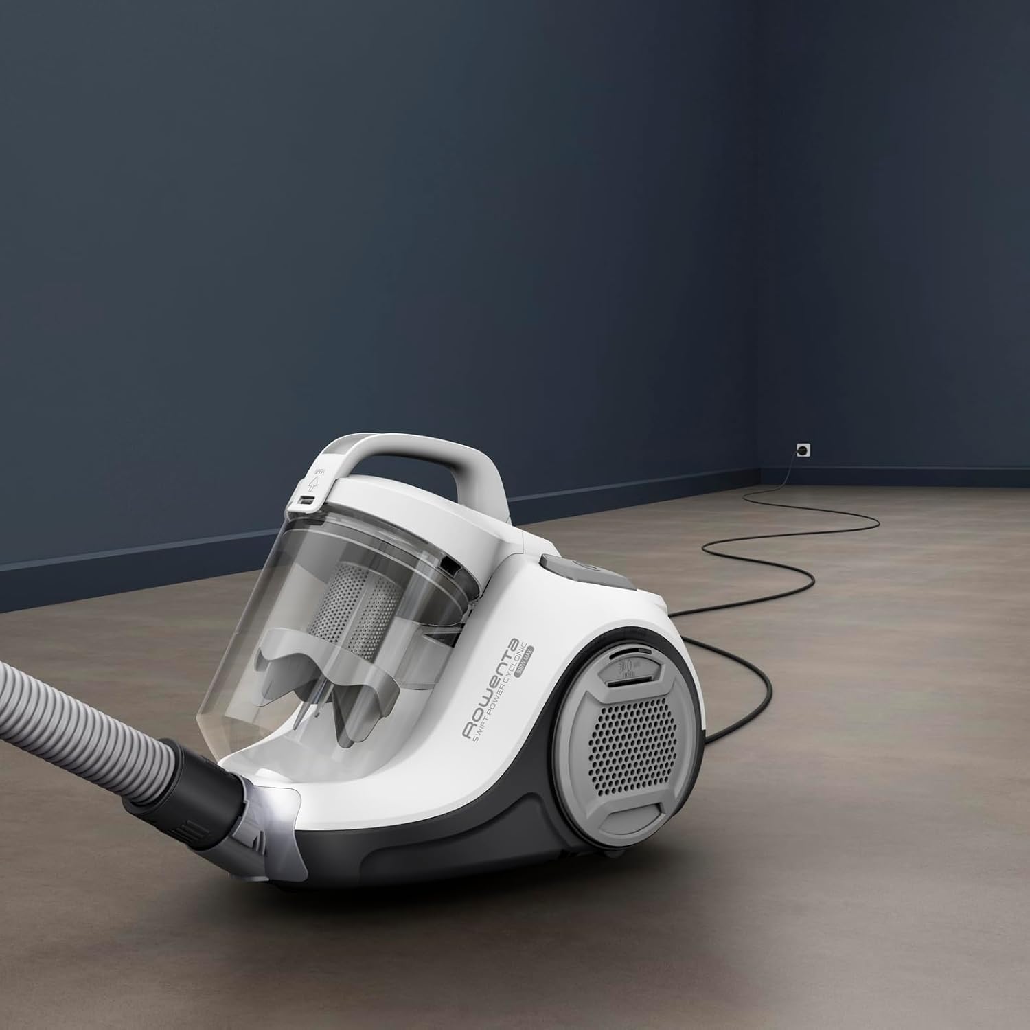 Rowenta Swift Power Cyclonic RO2917, Aspirapolvere a Traino Senza Sacchetto, Potenza 900 W, Motore Silenzioso, Serbatoio facile da Pulire, Bianco/Grigio