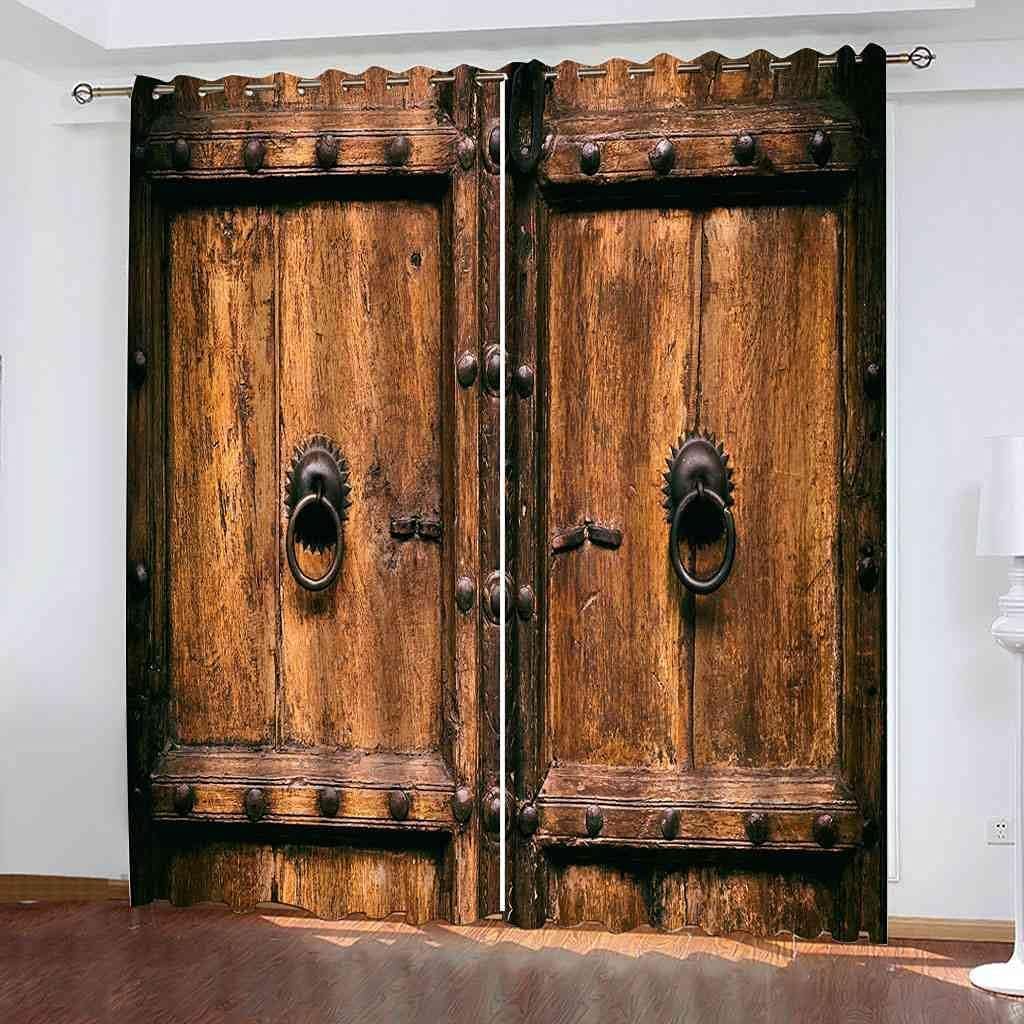 ZZTBQ Vintage Wooden Door Out Curtains 45 Inch Drop for Bedroom Thermal Insulated Curtains Eyelet for Small Window Treatment Short Blackout Curtains for Room Darkening, W46 inch x L45 inch, 2 panels