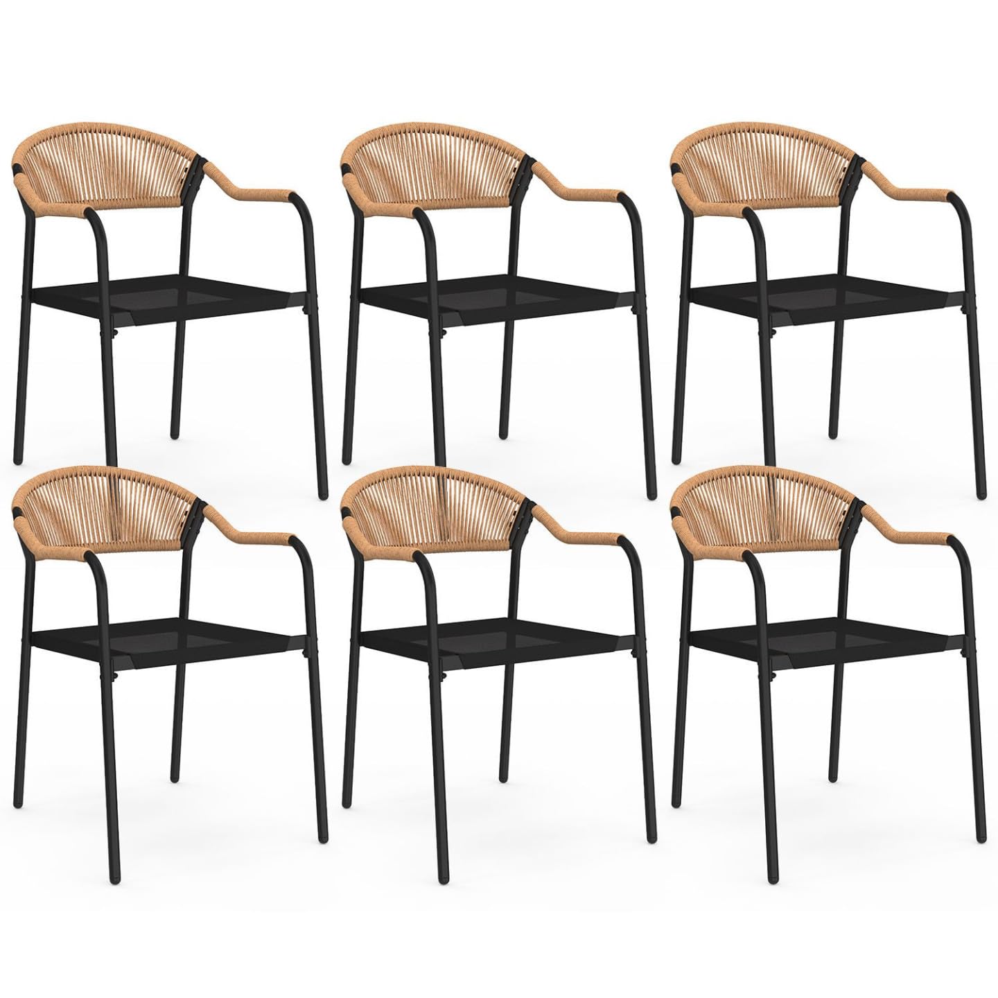 IDMarket - Lot de 6 chaises de Jardin Madeira métal, Cordage et textilène Noir et rotin Clair