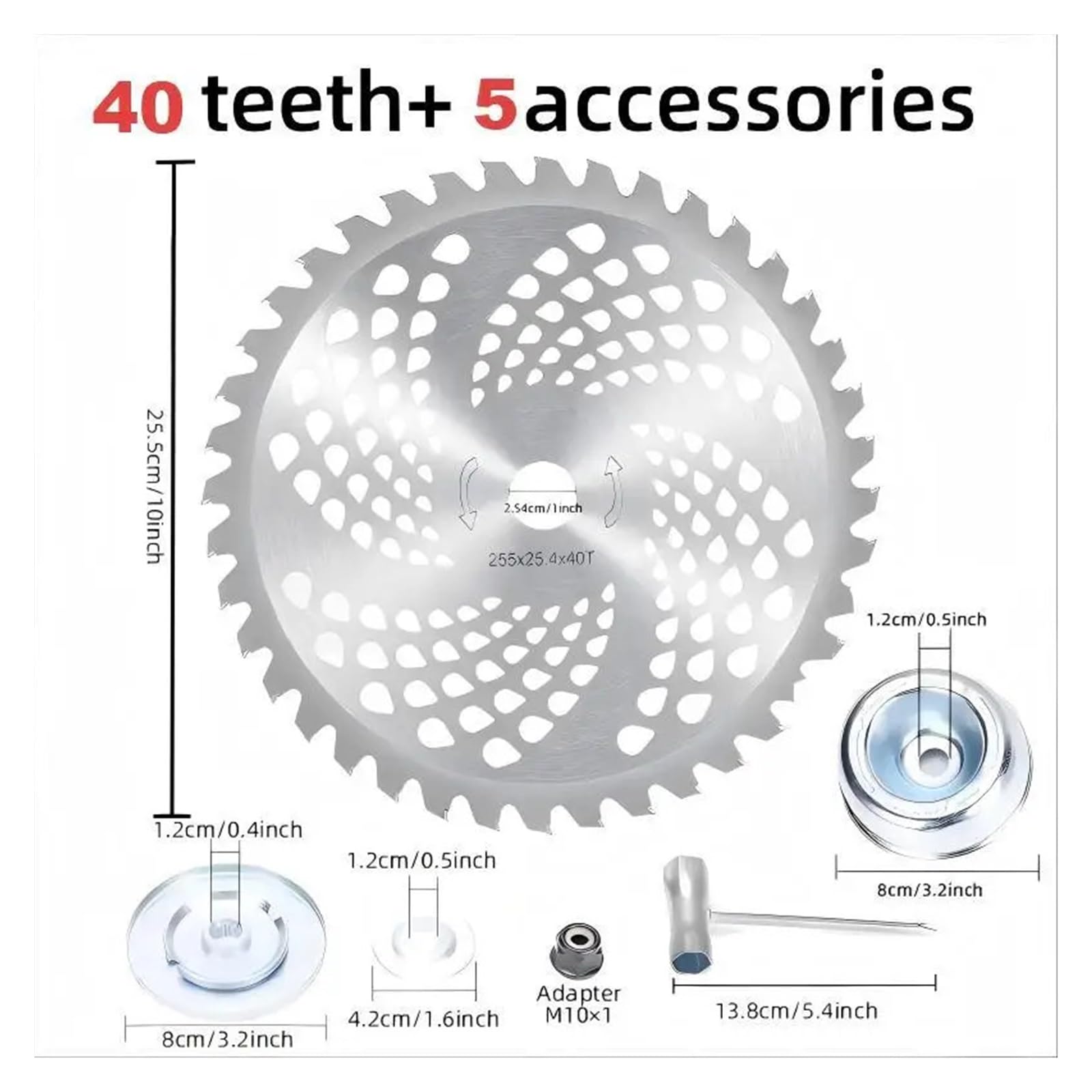 1 Cuchilla de Sierra for desbrozadora de césped de 10 Pulgadas, 40 dientes/60 Dientes, con 4/5 Accesorios(40t Add 5Accessories)