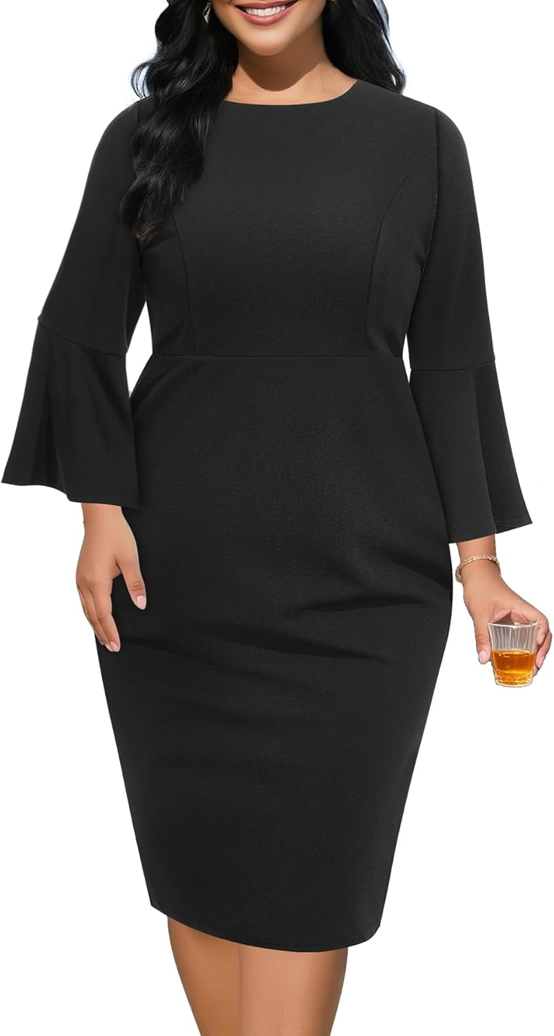Plus Size Cocktail Dress - Church Bodycon Wedding Guest Bell Long Sleeve Pencil Dresses