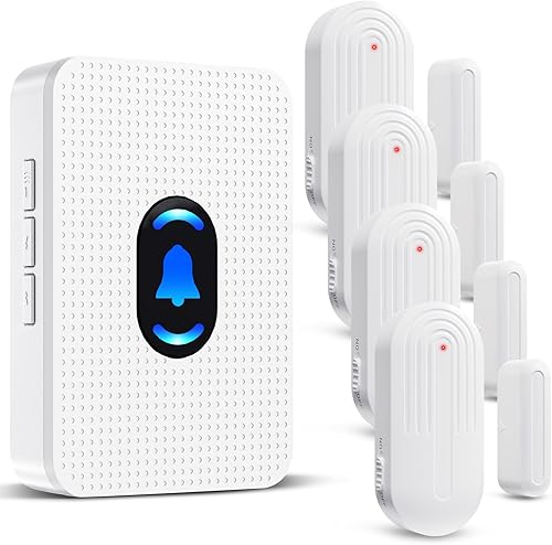 Daytech Sistema inalámbrico de timbre de puerta, alcance de 800 pies, 20 melodías, 5 volumen ajustable, 4 sensores + 1 receptor para negocios,