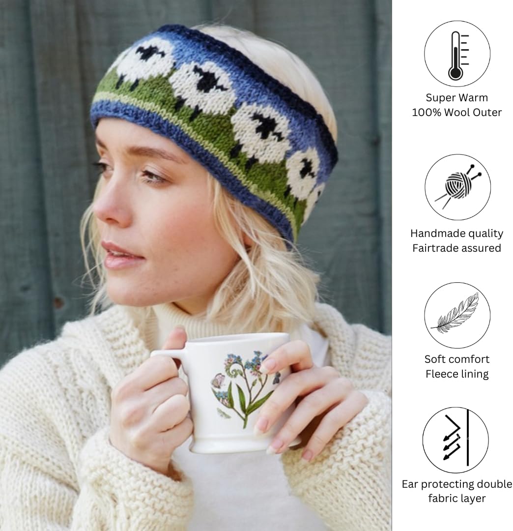Pachamama Women Wool Ear Warmer Headband Fleece Lined Handknitted Cute Sheep Multicoloured One-Size Handmade Fair Trade