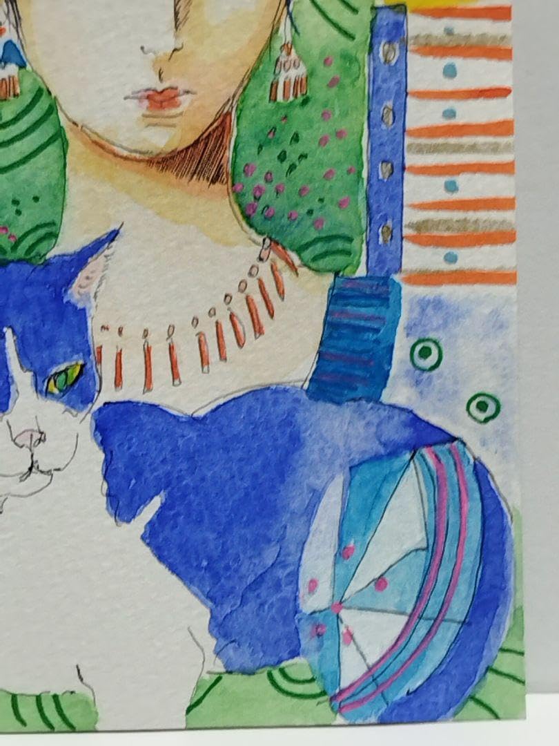 Amazon.co.jp: 絵画 原画 水彩画 ポストカード 顔彩 人物画 猫