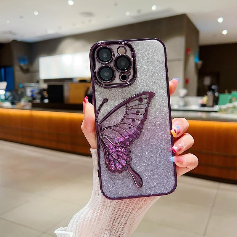 Image of MIDOS Thermoplastic Polyurethane Designed Compatible With iPhone 14 Pro Max Case With Glitter Cute Butterfly Plating Design Aesthetic Women Girls Cover For iPhone 14 Pro Max (Purple)
