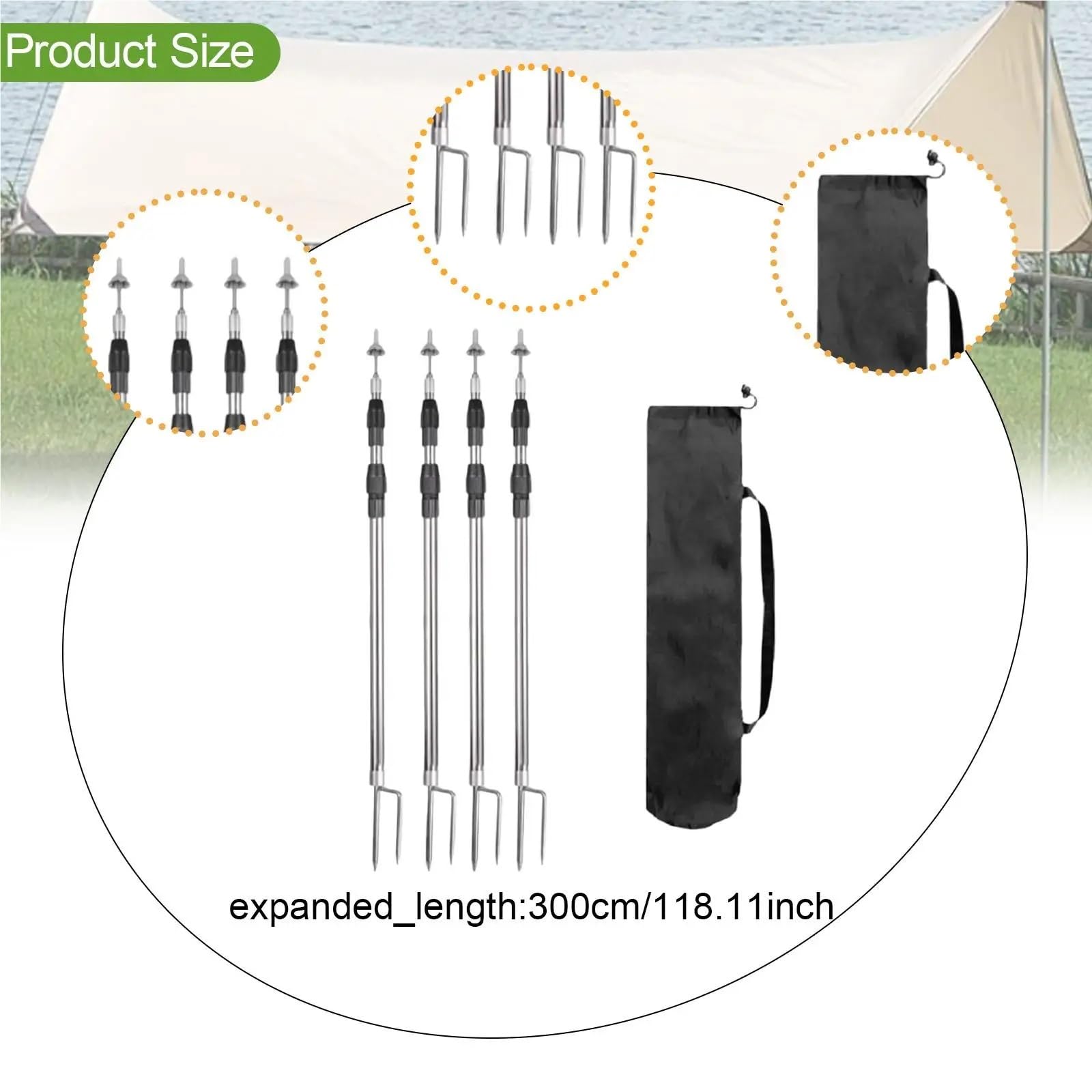 Piquetas para Acampar 4 Postes telescópicos portátiles for Lona de Camping, Ideales for mochileros y acampadas(3.0m)