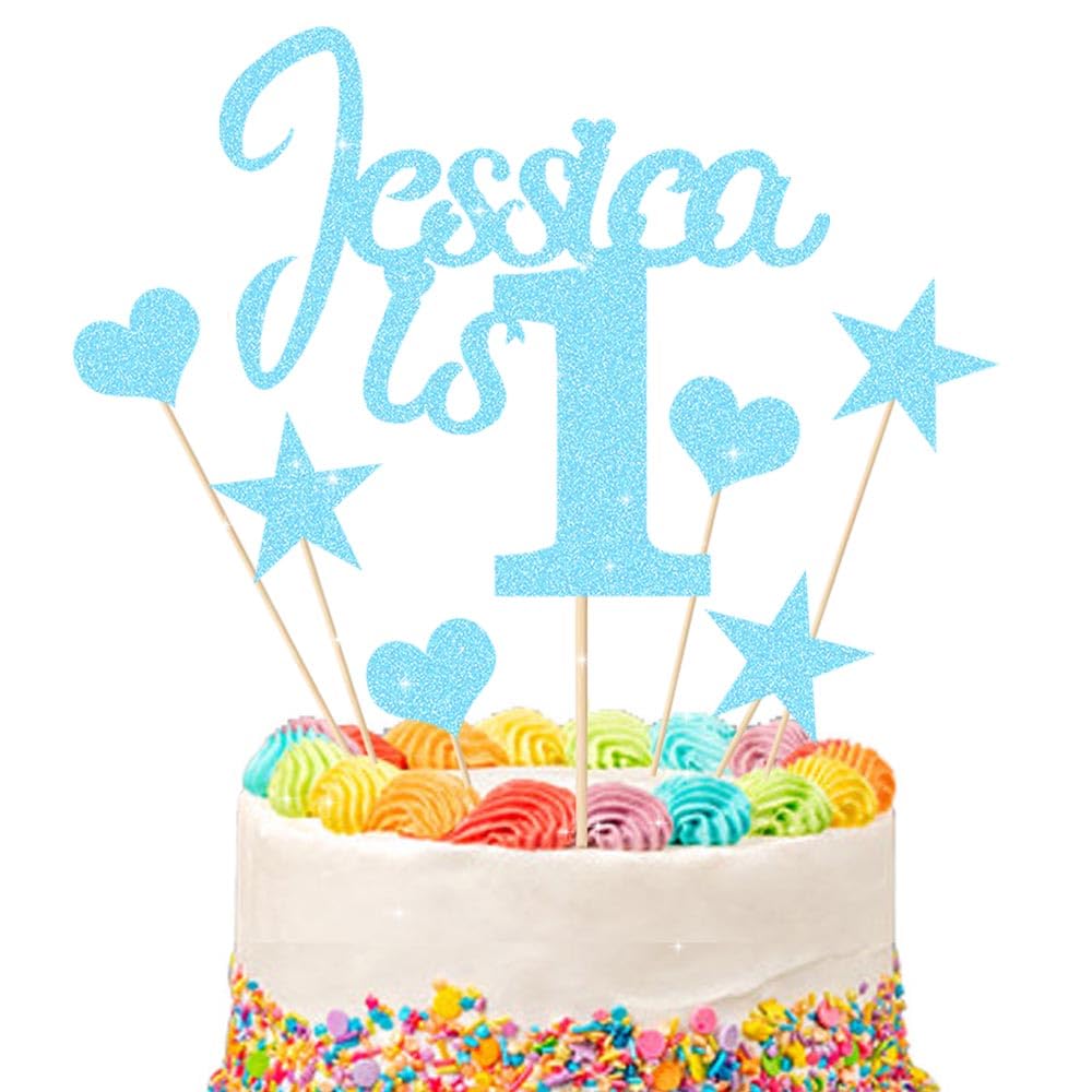 1st Birthday Cake Topper | Personalised 1 2 3 Cake Topper | Happy Birthday Decorations | Double Sided Glitter Card Any Name Age Customized - Multicolour Glitter Cake Decoration(Baby Blue)
