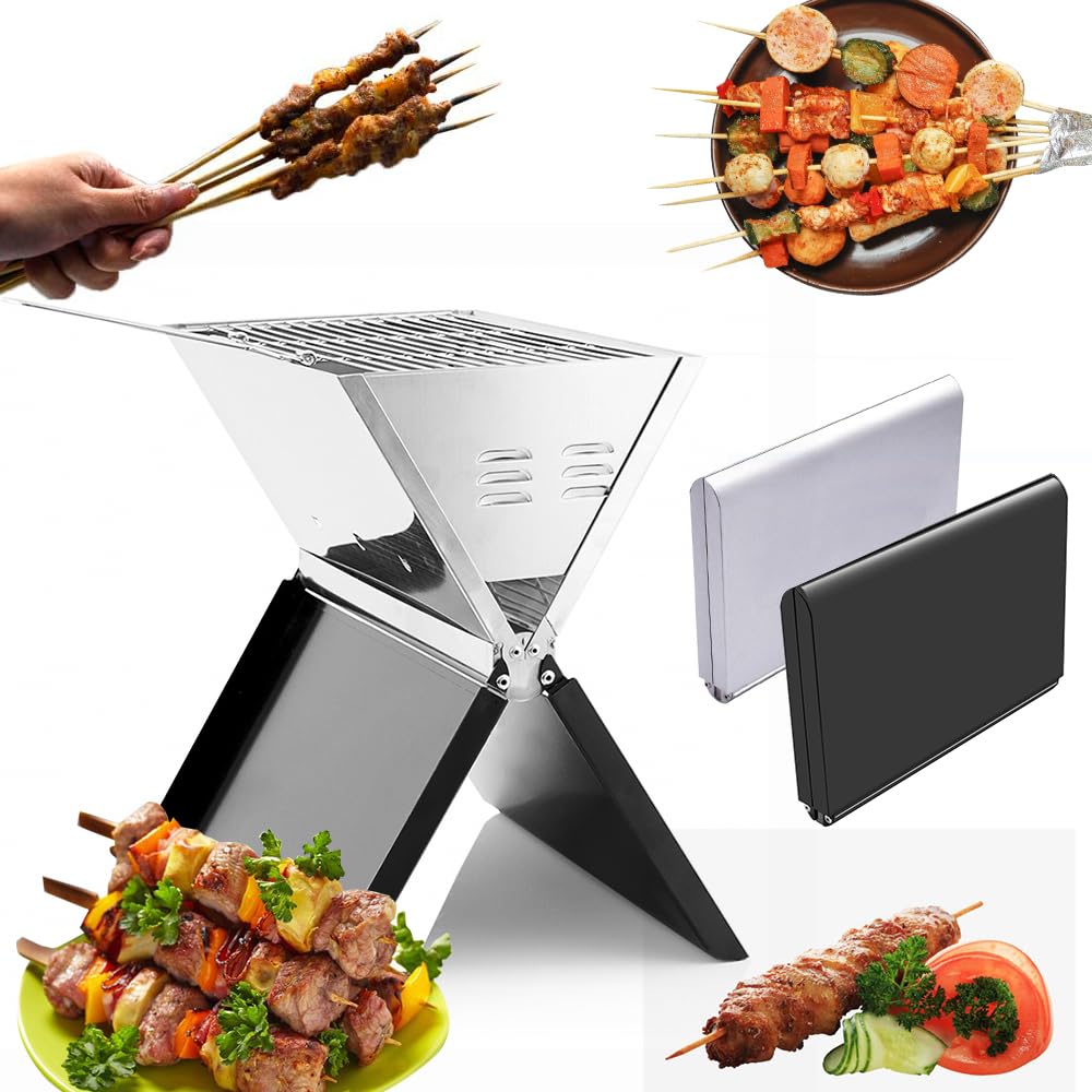 Barbacoa plegable, portátil y plegable, parrilla de acero inoxidable extraíble, ahorra espacio, barbacoa de carbón vegetal para barbacoa, horno para camping, picnic al aire libre (plata)