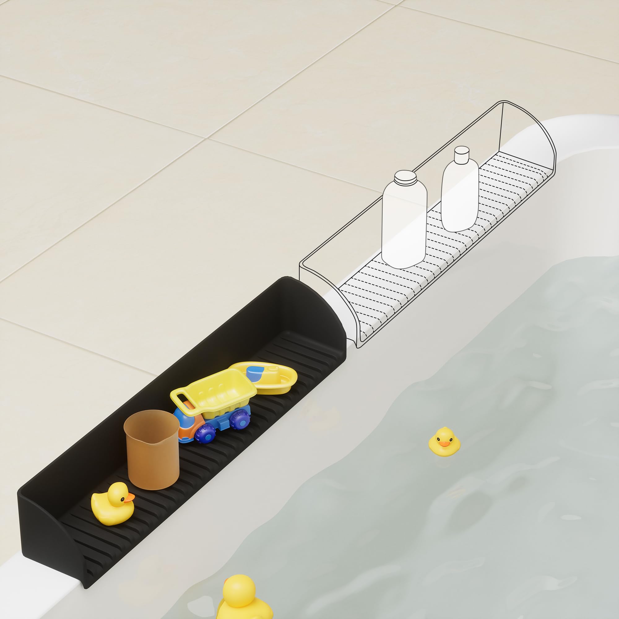 Bathtub Splash Guard for Tub - Silicone Tub Water Splash Guard with 4 Suction Cups, Bath Toy Tray Holder, Tub Shelf for Kids, Bathroom Accessories for