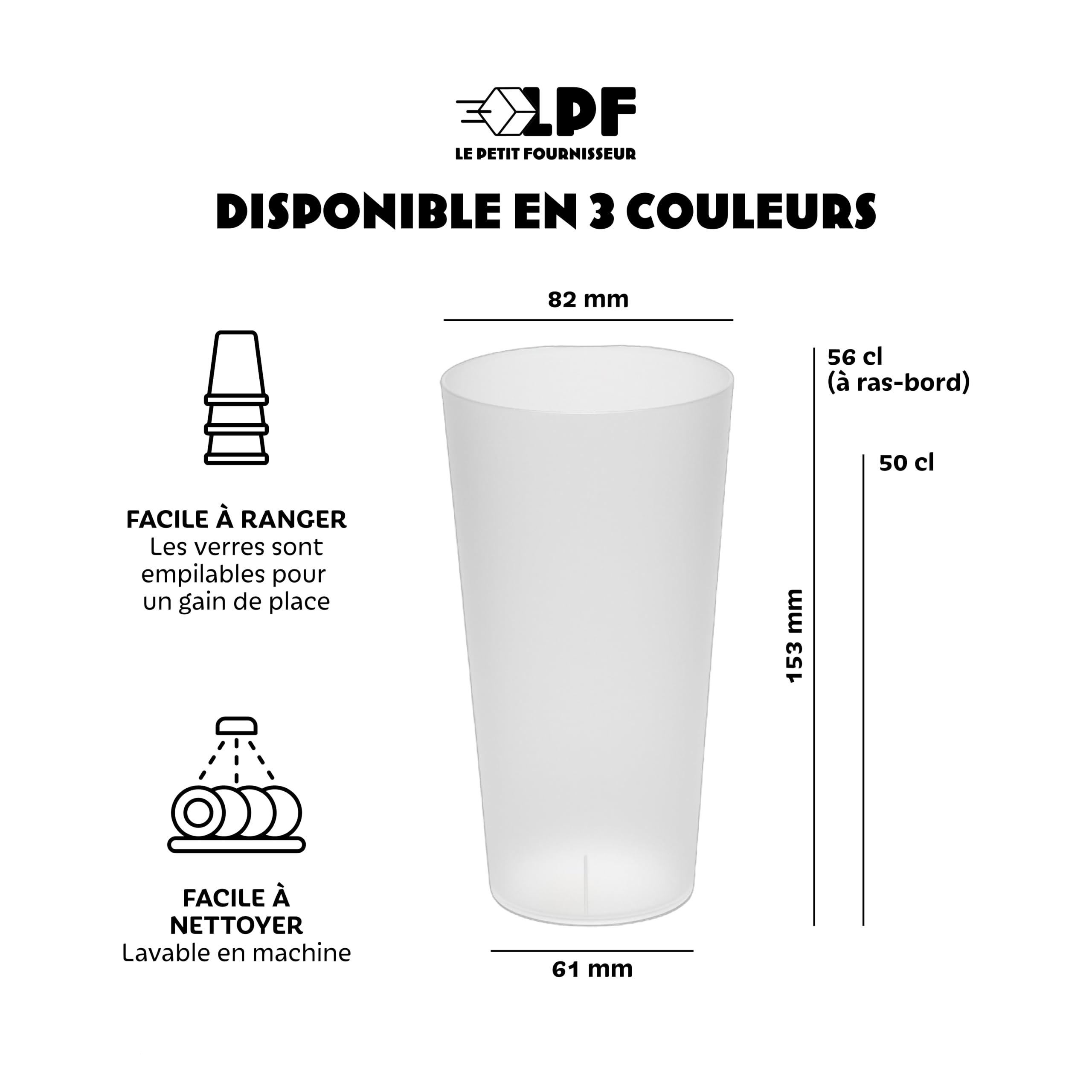 LPF LE PETIT FOURNISSEUR - Lot de 100 Gobelets réutilisables 50cl (56cl à ras-bord) - Polypropylène plastique alimentaire rigide - Gobelets à eau, bière - Compatible lave-vaisselle - Couleur Givré