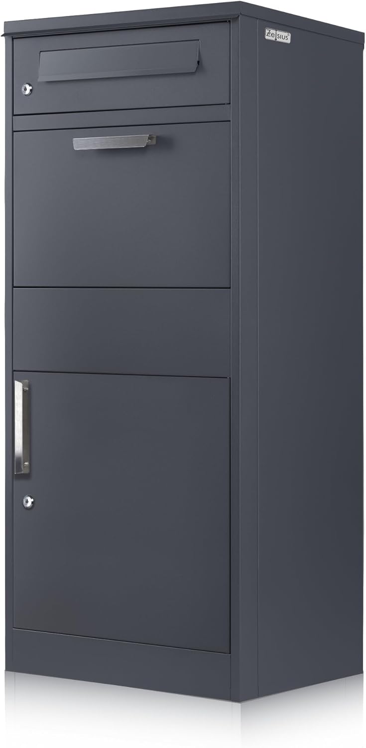Zelsius Briefkasten mit Paketfach Neptun | pulverbeschichteter Stahl mit Edelstahl Elementen | RAL7016 Anthrazit | integrierte Rückholsperre | Bodenmontage | Paketbriefkasten, Paketbox, Parcel Box