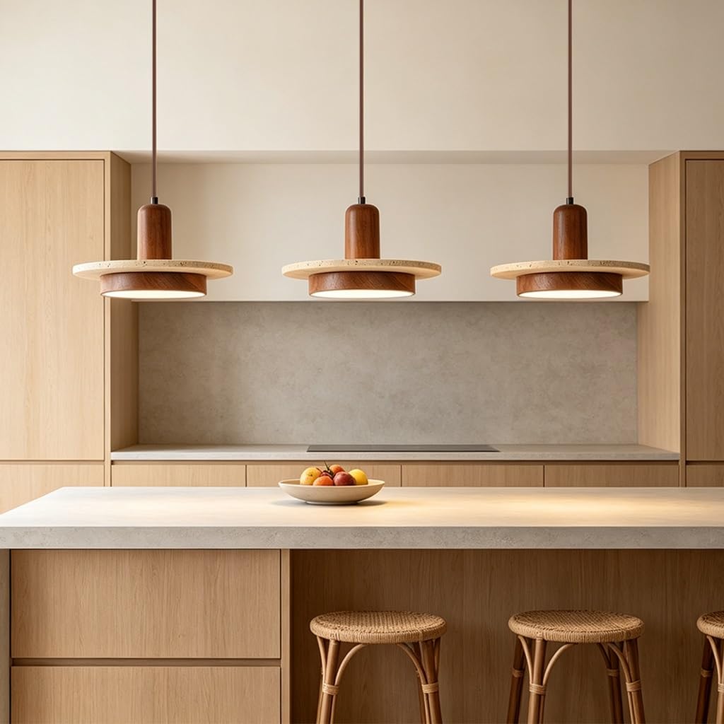 Lampada A Sospensione Wabi Sabi Travertino Giallo Naturale Legno Colore Noce Sospensione Regolabile In Altezza Apparecchio Sospeso Sala Da Pranzo Isola Cucina Camera(Walnut wood color-E1)