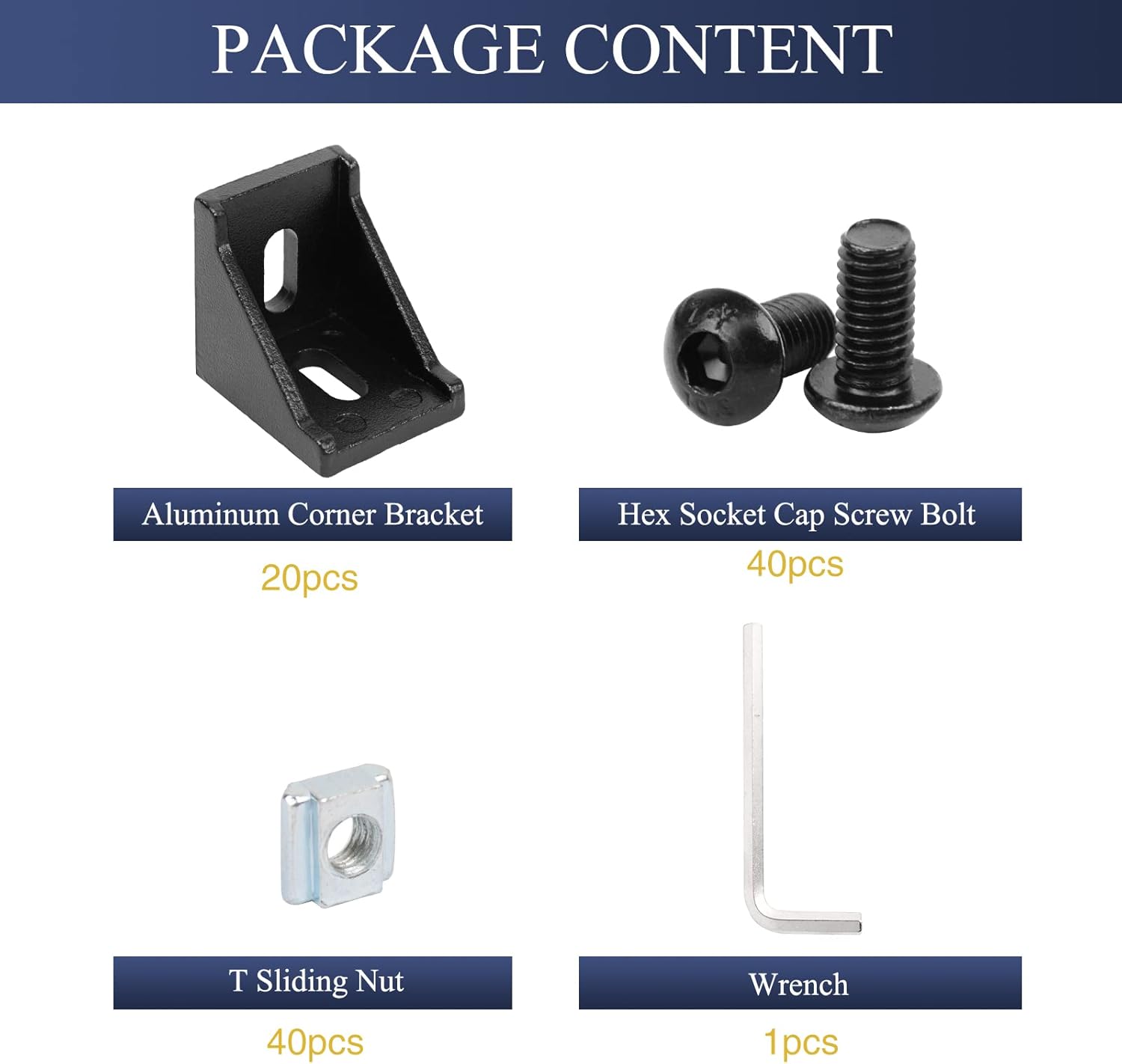 4040 Aluminum Profile Connector Set,20pcs 4040 Corner Bracket + 40pcs 40 Series M8 T Nuts + 40pcs M8x16mm Hex Socket Cap with Wrench (Black)
