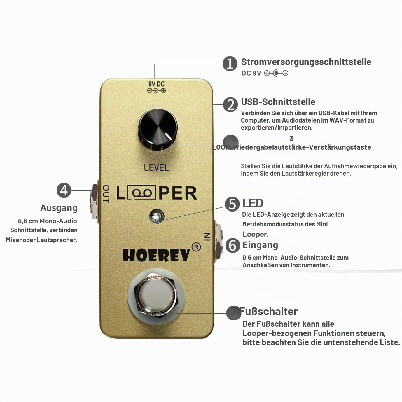 Hoerev Gitarre Mini Loop Effektor Looper Sampler Effekte Tuner für elektrische akustische Gitarre Bass Pedale Loops Stationen, Farbe Gold