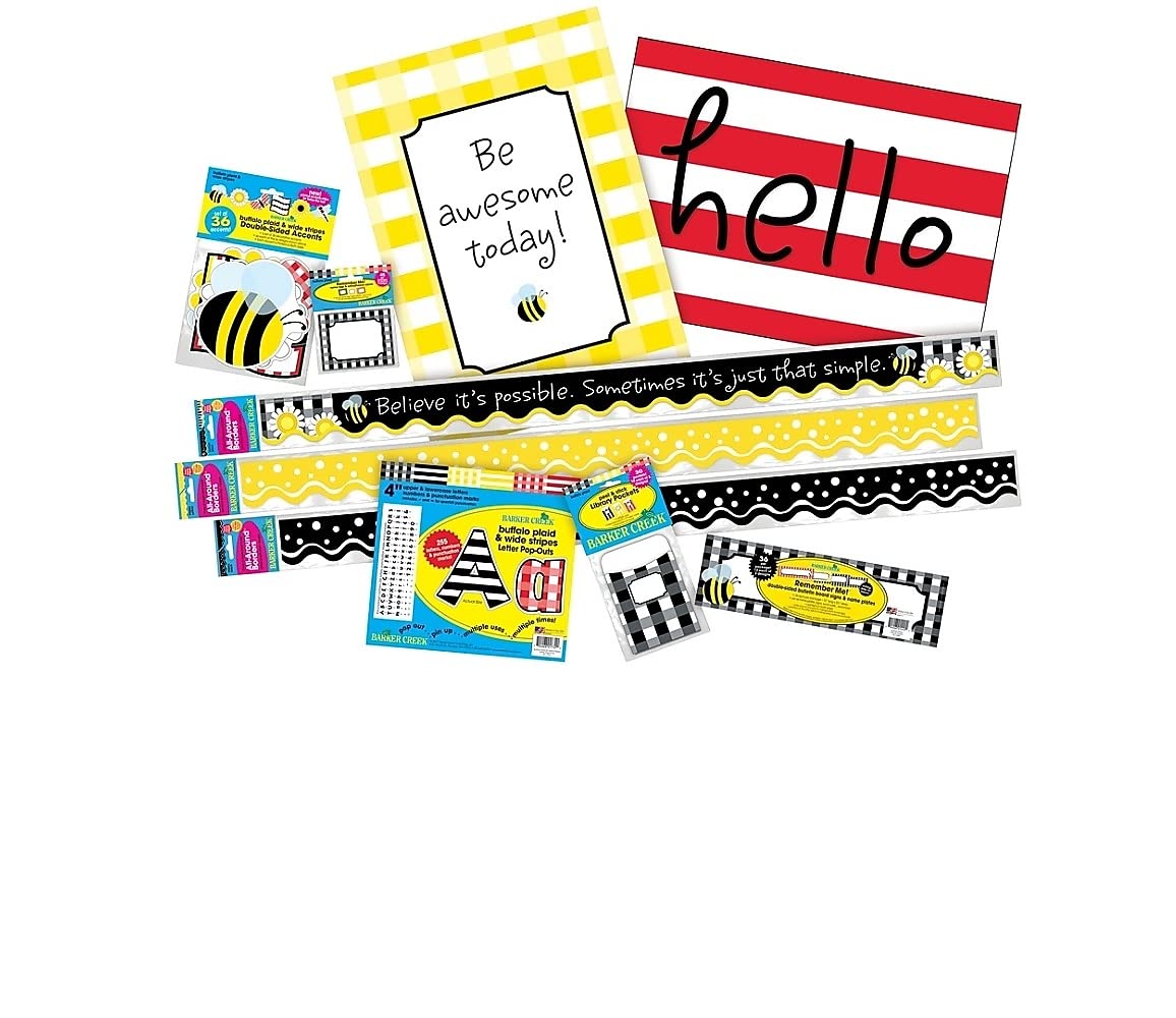 Barker Creek Classroom Decor Set, Inch Be Awesome-Inch Buffalo Plaid and Wide Stripes, Pre-K to College (Bc3725)