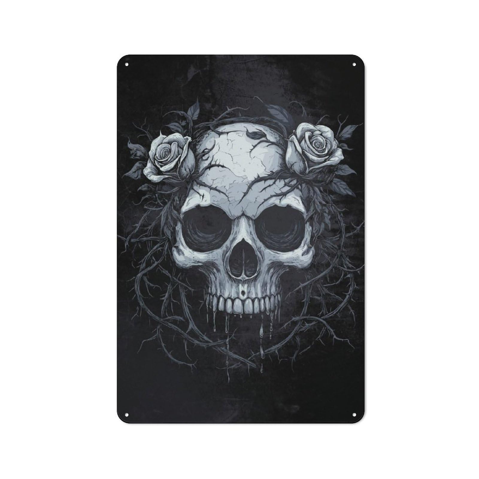 Junmoney Skull With Roses - Gothic Printed Metal Sign 30X20cm For Lounge Or Reading Corner, A Winter Wall Decor Update For Reading Corner Decorators