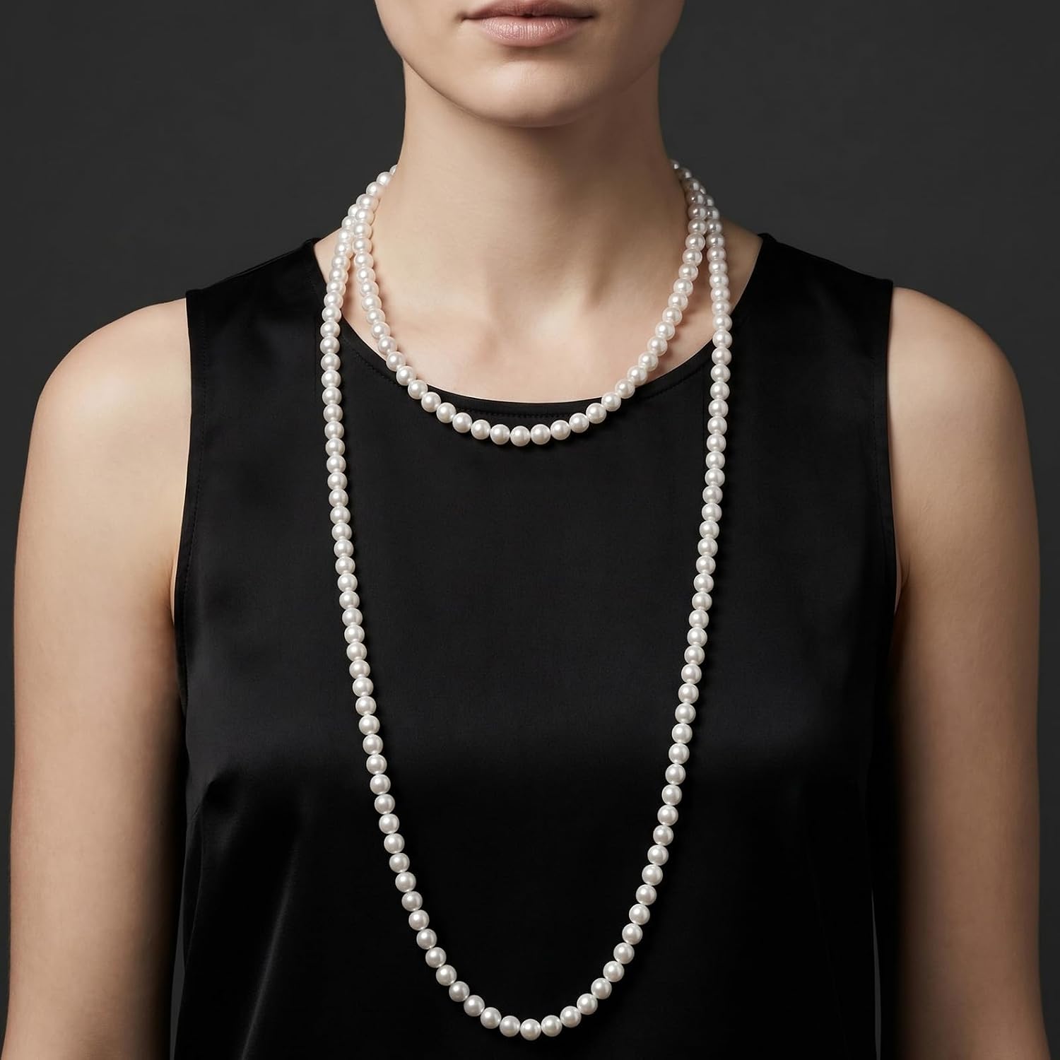 Long Pearl Necklace 150cm Faux Pearl White Necklace for Women Elegant Imitation Pearl Strand for Women Wedding Halloween 1920s Costume Party Jewelry