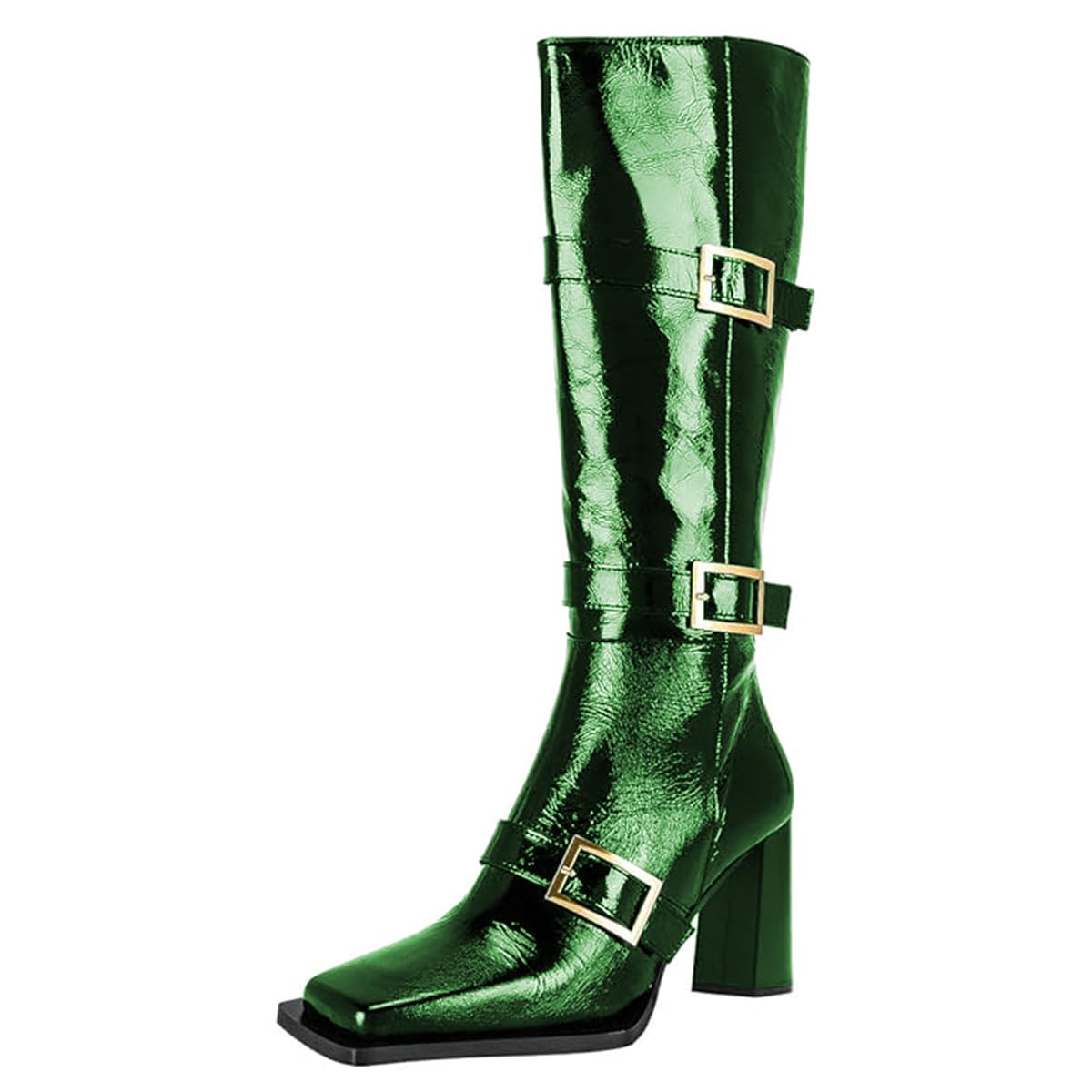 FOWT Women Square Toe Calf High Boots Side Zipper Strappy Cowboy Boots Chunky Block High Heel Riding Shoes