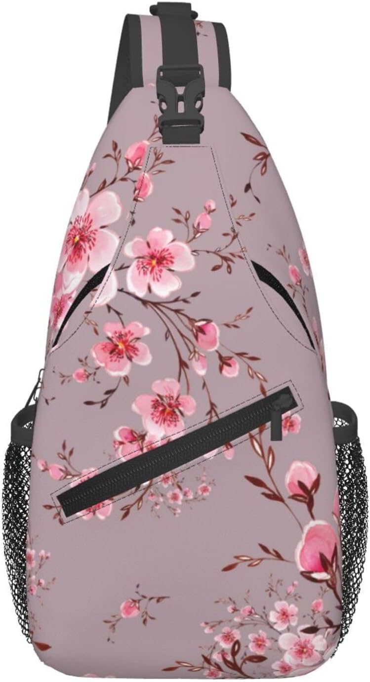 LOSTORCHI Pink Cherry Blossom Crossbody Sling Bag for Women Men Watercolor Hand Painted Blooming Branches Travel Sling Backpack Casual Shoulder Bag Beautiful Japanese Floral Print Hiking Daypack