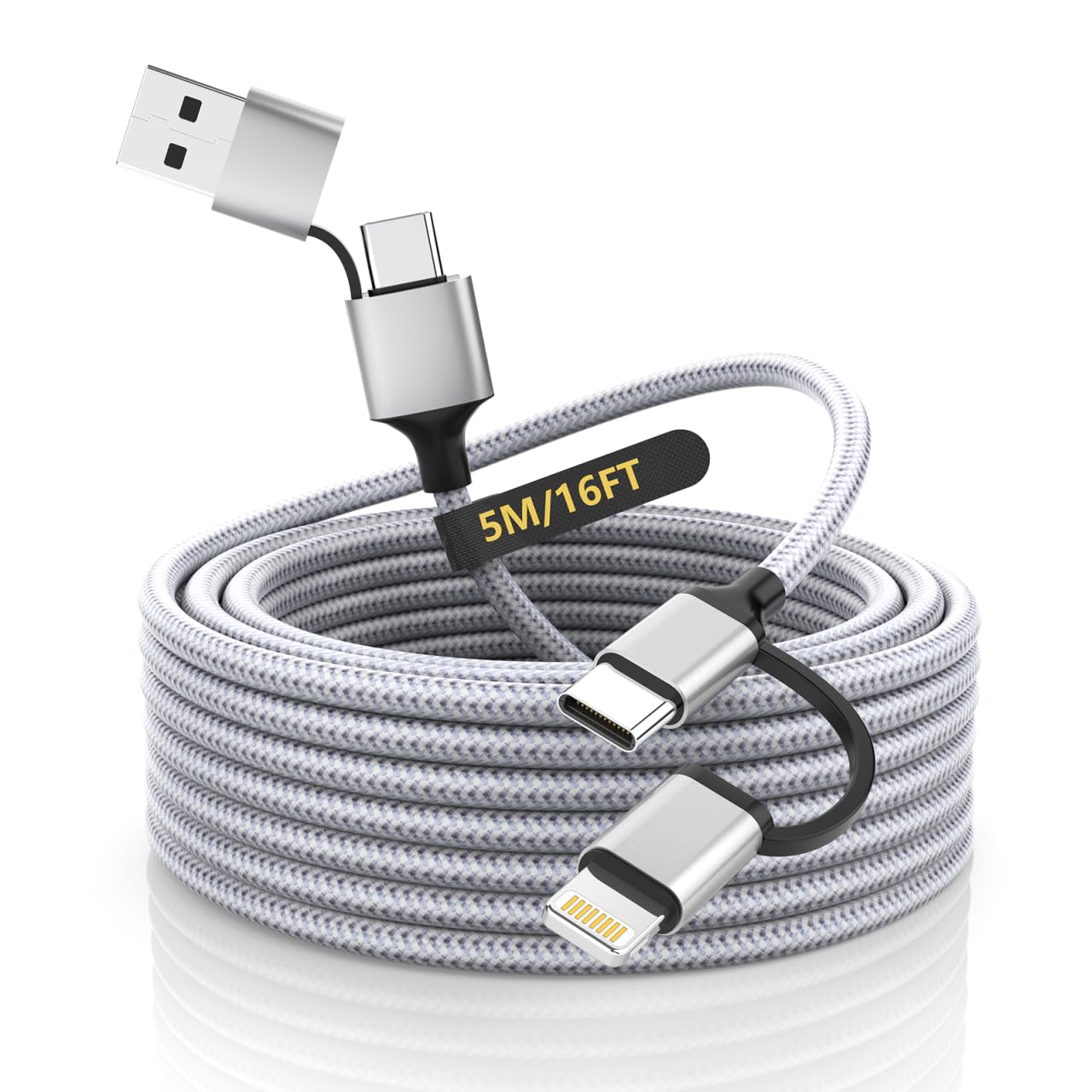 16FT/5M Multi 4 in 1 USB C Cable Lightning Charging Cable,60W Fast Charger & Data Transfer,iPhone iPad Charger Cord with Lightning/Type C/USB A for