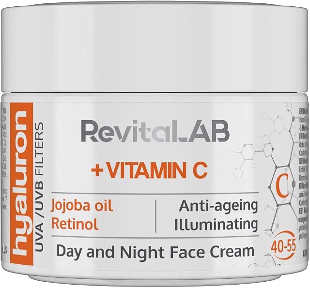 RevitaLAB Hyaluron Anti-Ageing Day and Night Cream, Enriched with Vitamins A, B3, B5, E, C, Jojoba Oil and UV Filters, for Ages 40  55, 50 ml