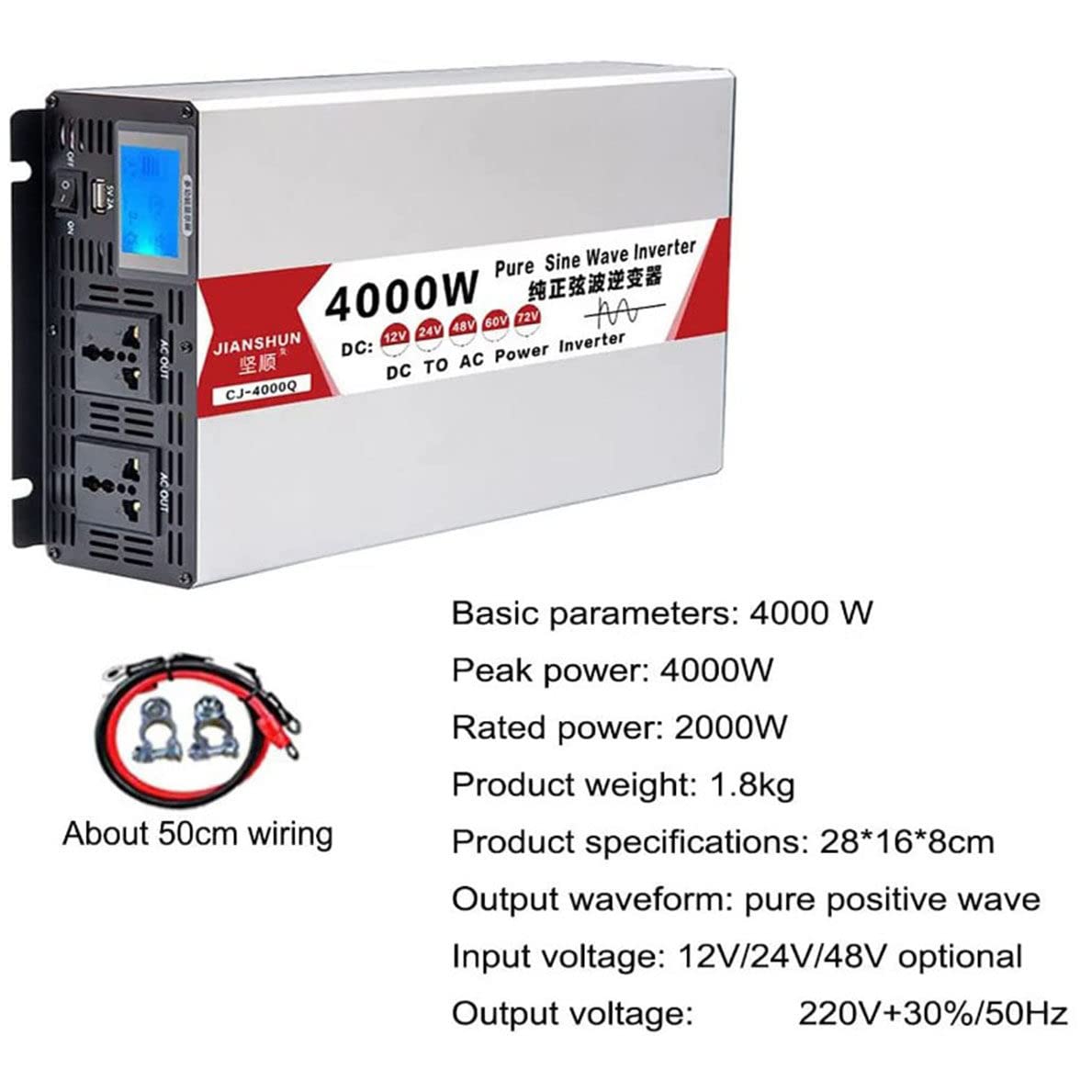 4000W 5000W 6000W 8000W czysta fala sinusoidalna przetwornica 12V/24V/48V/60V do 220V 230V konwerter samochodowy przetwornica napięcia z wyświetlaczem LCD 2 gniazda AC do samochodów,4000W-12V