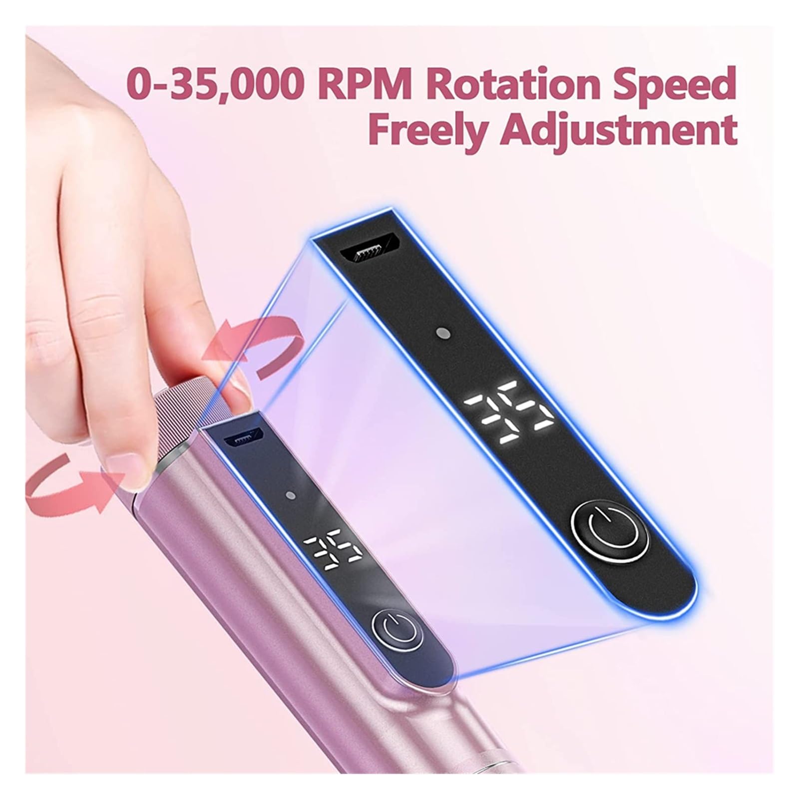 Máquina perforadora de uñas, Taladro de uñas eléctrico inalámbrico con pantalla LED, archivo E dirección inversa hacia adelante, taladro for juego manicura acrílicas(New Black Set)