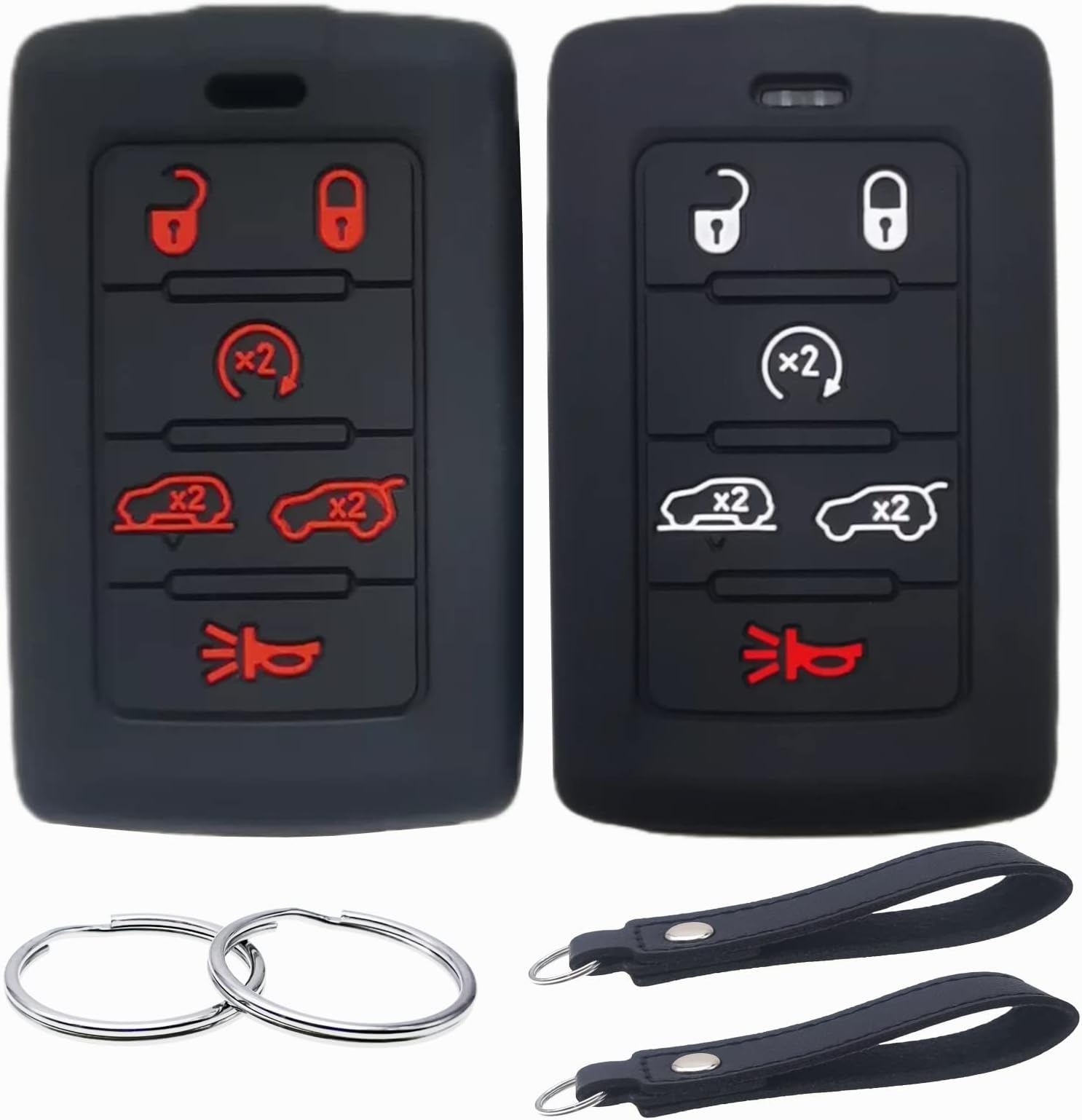 Silicone Rubber Key Fob Cover Compatible with 2021-2025 Jeep Grand Cherokee L Grand Wagoneer L Wagoneer Grand Cherokee L (Black with White Black with red, 6 Buttons)