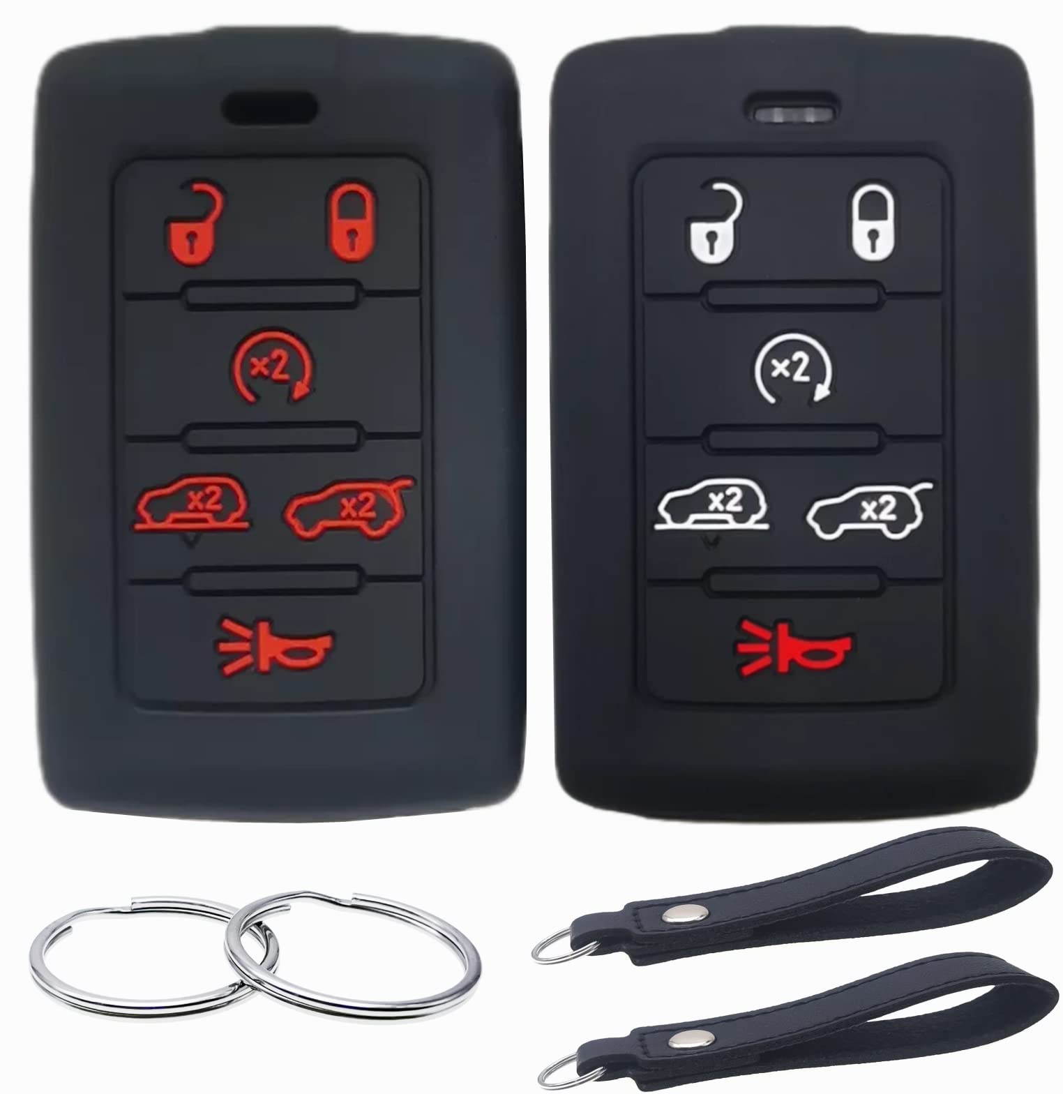 Silicone Rubber Key Fob Cover Compatible with 2021-2025 Jeep Grand Cherokee L Grand Wagoneer L Wagoneer Grand Cherokee L (Black with White Black with red, 6 Buttons)