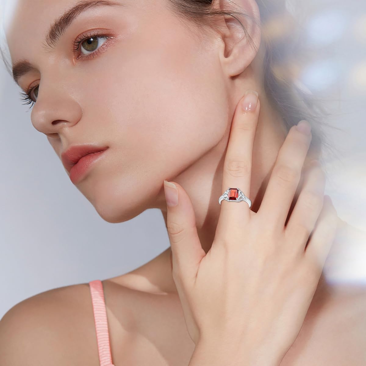 Celtic Knot Ring for Women 925 Sterling Silver Emerald Cut Red Garnet Engagement Promise Ring for Her Ladies