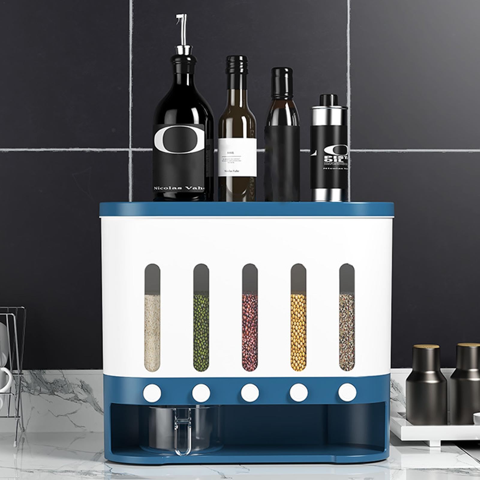 Contenitore per cereali – Porta cereali montato a parete, 5 scomparti, cucina domestica, contenitore da viaggio con finestra dispenser di cibo visibile per noci, cereali, snack, fagioli | cucina domestica, contenitore da viaggio con finestra dispenser di