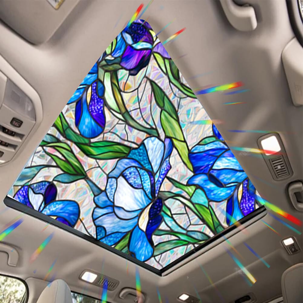 JOONOR Blue Iris Flowers Sunroof Film Floral Rainbow Effect Static Clings Window Privacy Film Sun Protection Stained Glass Decals for Car Moonroof &amp; Side Windows, 17.72 x 35.43 Inch