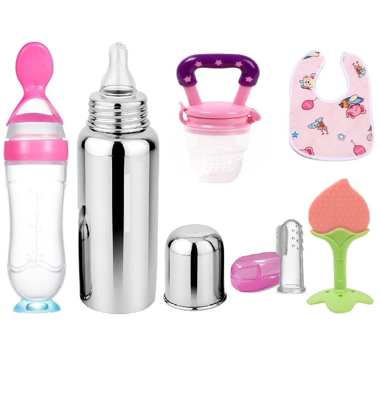 Babybee Baby Fruit Feeder Pacifier (1 Pcs) with 1 PCS Silicone Food Dispensing Spoon 90ML and 1 pcs Fruit Teether 1pcs Finger Brush 1 pcs bib 1 pcs Steel Bottle 240 ML (Pink)-image-14